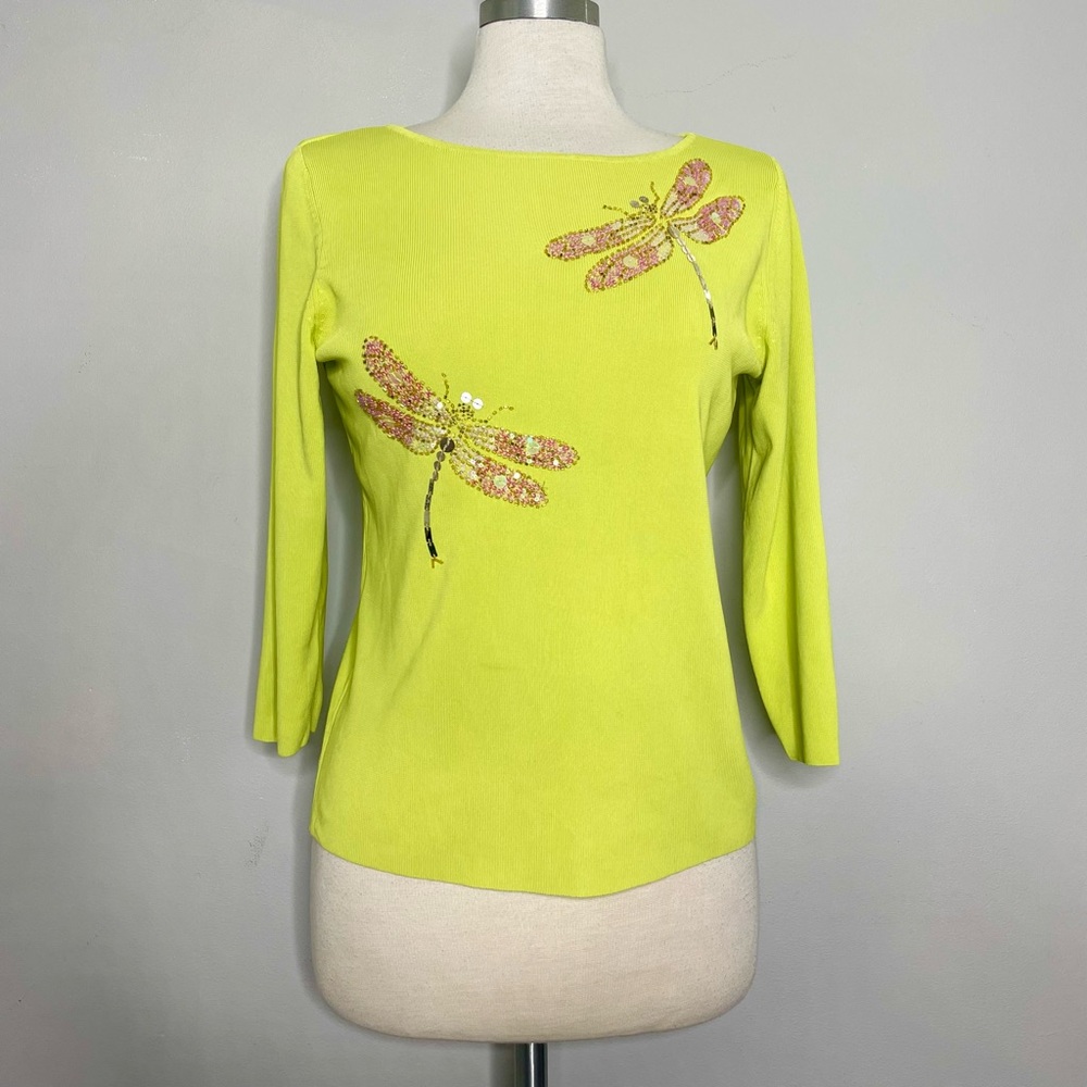 SWEATERWORKS Vintage Beaded Sequined Dragonfly Knit Top